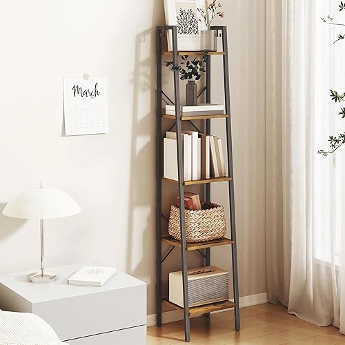 Hzuaneri Ladder Shelf, Bookshelf Bookcase, Freestanding Corner Storage Shelve with 2 Hooks for Home Office, Living Room, Kitchen, Bedroom, Industrial, 5-Tier Rustic Brown BC03201B - 11.8"D x 13.4"W x 63"H - Rustic Brown