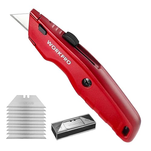 WORKPRO Premium Utility Knife, Retractable All Metal Heavy Duty Box Cutter, Quick Change Blade Razor Knife, with 10 Extra Blades - 1 - Red