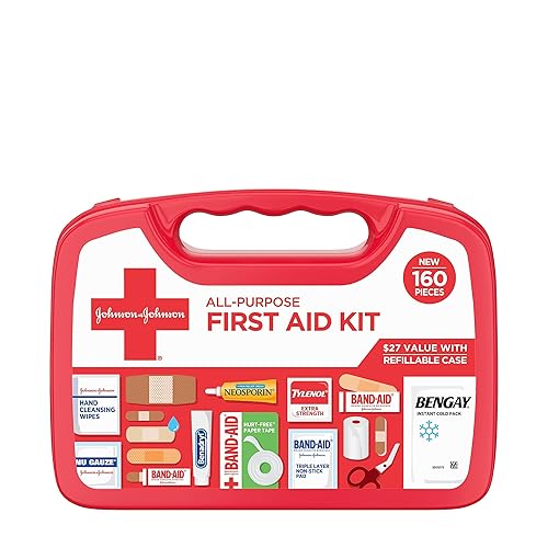 Johnson & Johnson All-Purpose Portable Compact First Aid Kit for Minor Cuts, Scrapes, Sprains & Burns, Ideal for Home, Car, Travel, Camping and Outdoor Emergencies, 160 Pieces - 160 Count