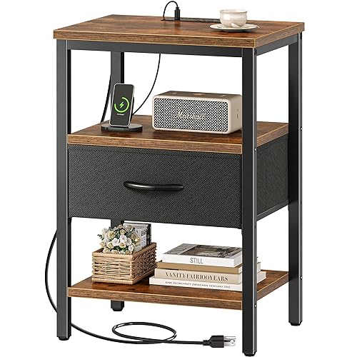 SUPERJARE Nightstand with Charging Station, Bed Side Table with Adjustable Fabric Drawer, Night Stand for Bedroom, 3-Tier Storage End Table, for Living Room, Rustic Brown and Black - M (11.8"D x 15.7"W x 23.4"H) - Rustic Brown and Black - 1