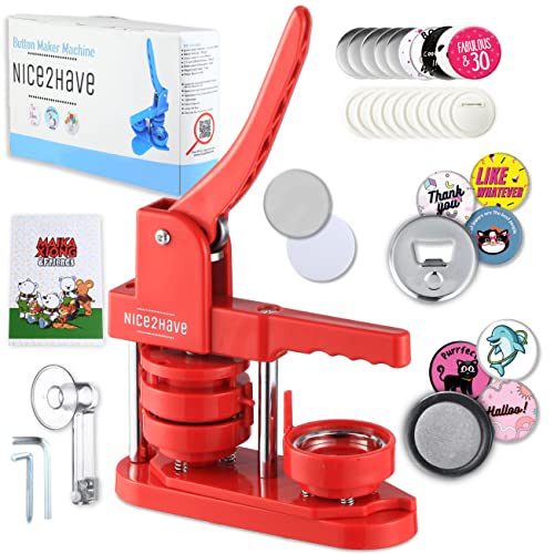Nice2Have Button Maker Machine 2.25 inch (58mm) - (100pcs Buttons,5pcs Bottle Openers,5pcs Fridge Magnets, 500+ Free Designs,Circle Cutter&Magic Book&Paper) - Installation-Free Pin Maker Machine - 58mm Red