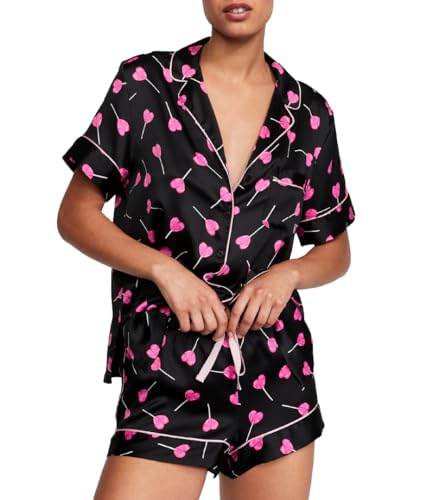 Victoria's Secret Satin Short Pajama Set, Women's Sleepwear (XS-XXL) - X-Small - Black Hearts