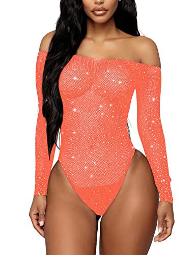RSLOVE Women Lingerie Fishnet Bodysuit Sparkle Rhinestone Sexy Mesh Teddy Lingerie - One Size - Light Pink