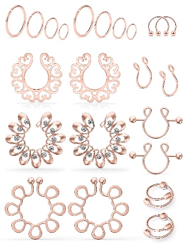 SCERRING Fake Nipple Ring Stainless Steel Non-Piercing Nipple Rings Clip On Nipplerings Faux Body Piercing Jewelry for Women Men 11 Pairs - 11 Pairs - Rose Gold