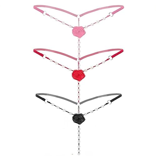 Women's Pearl T Back G String Embroidery Rose Flowers Beaded Thong Panty Underwear Sexy Micro Underpant - One Size - 3pcs(black+red+pink)