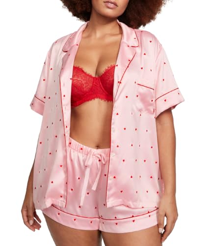 Victoria's Secret Satin Short Pajama Set, Women's Sleepwear (XS-XXL) - X-Small - Pink Mini Hearts