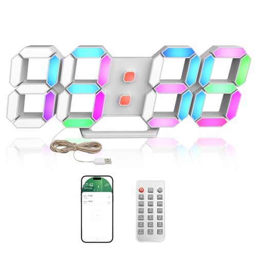 WISE TIGER APP Control Led Digital Alarm Clock 3D Small Wall Clock No Noise Snooze Dimmable Time Memory 12/24 Date Temperature APP Control Night Light Office Kitchen Living Room Bedroom (9.7inch) - App Color - 9.7inch