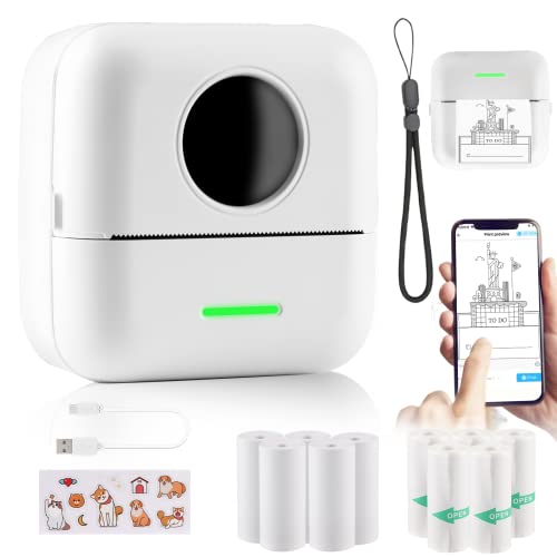 Mini Thermal Inkless Printer, Portable Sticker Printer with 5 Rolls Printing Paper＆5 Rolls Self-Adhesive Paper, Small Wireless Pocket Printer for iOS & Android, Suitable for Photo, Notes, Memo - white