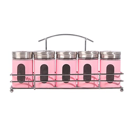Spice Rack with 5 Salt Pepper Shakers Retro Glass Spice Jars - Light Pink - Navy