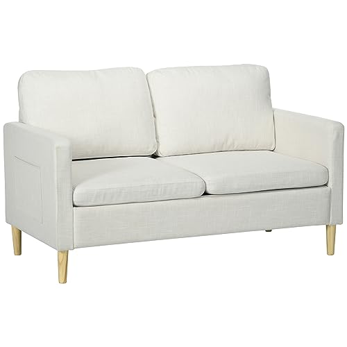 HOMCOM 56" Loveseat Sofa for Bedroom, Modern Love Seats Furniture, Upholstered 2 Seater Couch with Side Pockets, Solid Steel Frame, Cream White - Cream White