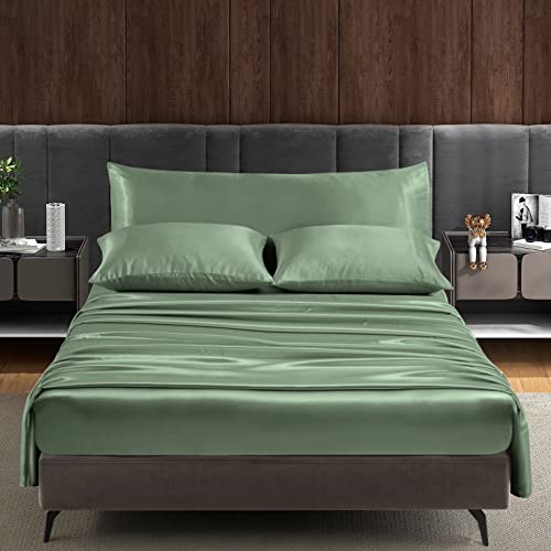 Entisn 5Pcs Silky Satin Sheets Set, Full Size Satin Bed Sheets Set, Sage Green Luxury Bedding Sets, Breathable & Ultra Soft Sheets Set Includes 1 Fitted Sheet, 1 Flat Sheet, 3 Pillowcases - Sage Green - Full