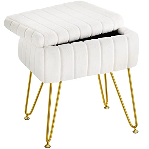 Greenstell Vanity Stool Chair Faux Fur with Storage, 19.4" H x 15.7" L x 11.8" W Soft Ottoman 4 Metal Legs with Anti-Slip Feet, Furry Padded Seat, Modern Multifunctional Chairs for Makeup, Bedroom - White