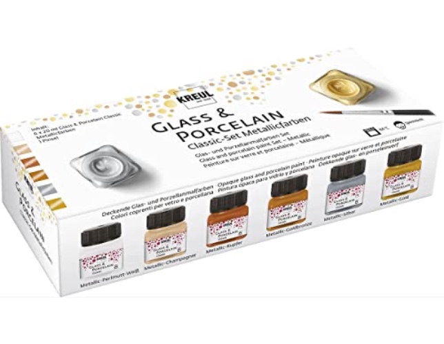 Kreul 16603 Glass & Porcelain Set, Classic Metallic Paints, 6 x 20 ml Paint and a Brush, Brilliant, Metallic Opaque Glass and Porcelain Paint Water-Based - Metallic