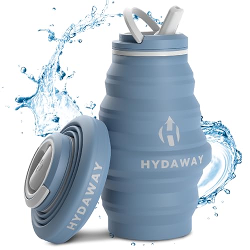HYDAWAY Collapsible Water Bottle - 17oz I Reusable Water Bottles with Flip Top Lid for Travel, Hiking, Backpacking I Portable & Leakproof, Food-Grade Silicone, BPA Free, Collapse to 1.5” - Blue Ice