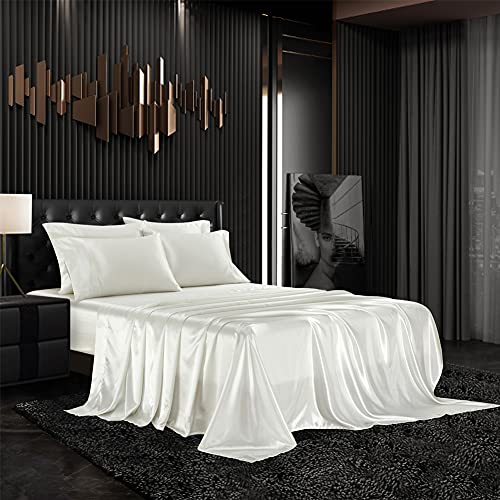 AiMay 6 Piece Satin Bedding Sheet Pillowcase Sets Deep Pocket Luxury Rich Silk Silky Super Soft Solid Color Sexy Honeymoon Stain-Resistant Wrinkle Free (King, Burgundy) - Queen - Off White