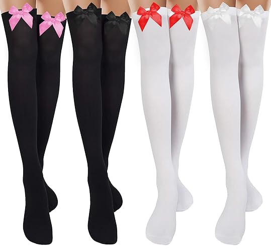 Chalier Apparel Womens Thigh High Socks Cotton Striped Over the Knee Socks Long Knee High Stockings for Women - One Size - Valentines 02-4 Pairs