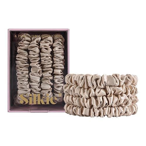 SILKIE x4 Set 100% Pure Mulberry Silk Champagne Skinny Scrunchies Travel Pouch Everyday Hair Ties Elastics Hair Care Ponytail Holder No Damage(Champagne) - Champagne