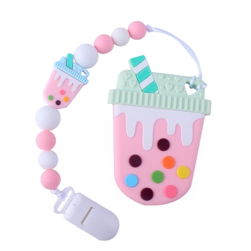 Bubble Tea Paci Clip & Teether - Pink Bubble Tea
