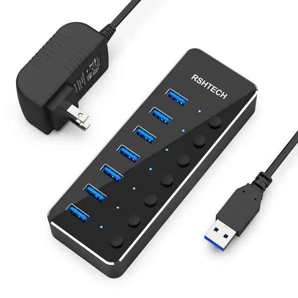 USB 3.0 Hub, RSHTECH 7 Port Powered USB Hub Expander Aluminum USB 3.0 Data Port hub with Universal 5V AC Adapter and Individual On/Off Switches USB Splitter for Laptop and PC(Black)