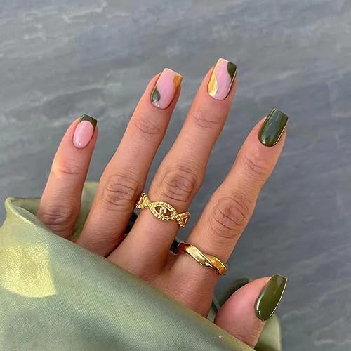 JUSTOTRY 24 Pcs Square Shape Press on Nails,Short Length Grass Green with Golden Swirl French Designs Fake False Nails with Glue,Nail Art for Women and Girl Stick on Nails - Golden Swirl French