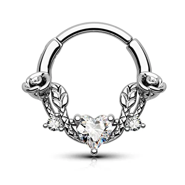 CM Crareesi Mania Rose Septum Ring 16G Hinged Segment Rings 316L Stainless Steel Daith Earrings Heart CZ Septum Daith Helix Cartilage Piercing Jewelry Piercing Jewelry