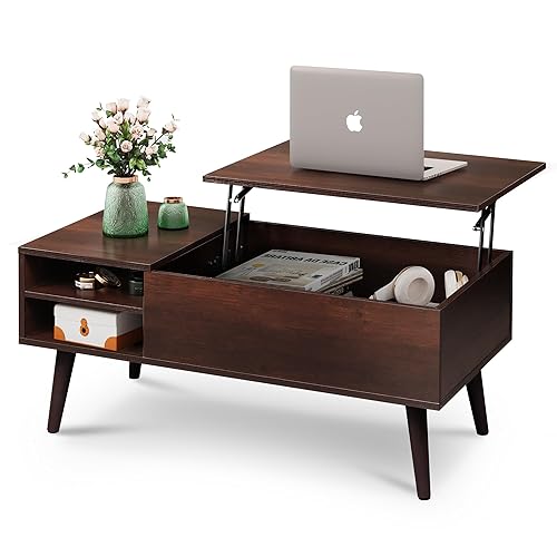 WLIVE Lift Top Coffee Table for Living Room,Small Coffee Table with Storage,Hidden Compartment and Adjustable Shelf,Mid Century Modern, Wood,Cherry,Espresso. - Espresso - 39.37"D x 19.69"W x 16.93"H