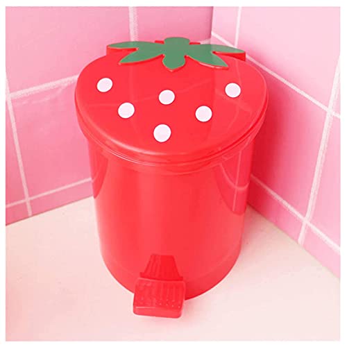 BxuxJar Strawberry Trash Can with Lid Cute Desk Trash Can Plastic Strawberry Garbage Can for Bedroom Small Kawaii Trash Can with 5 Rolls of Garbage Bags - Red