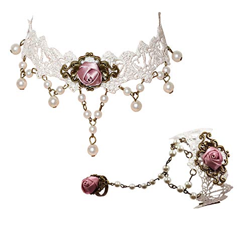 MILAKOO Women Choker and Bracelet Ring Set Lace Necklace Gothic Vintage Charm Pendant Beads Jewelry - A: White