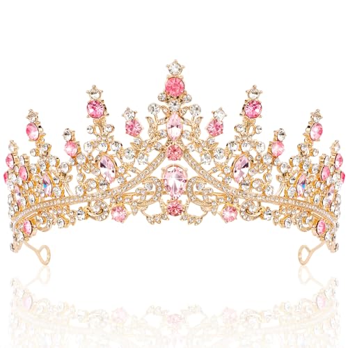 TOBATOBA Gold Pink Crown, Wedding Tiaras and Crowns for Women, Coronas Para Ramos Buchones De Flores, Queen Crown Royal Princess Quinceanera Headpieces for Birthday Prom Pageant Halloween Cosplay - Gold Pink