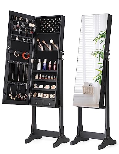 Nicetree Jewelry Cabinet with Full-Length Mirror, Standing Lockable Jewelry Armoire Mirror Organizer, 3 Angel Adjustable, Black - Black