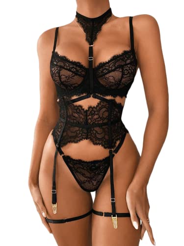 Kaei&Shi Exotic Choker, High Waisted Belt, G String, 5 Piece Strappy Garter - Black - 4-6