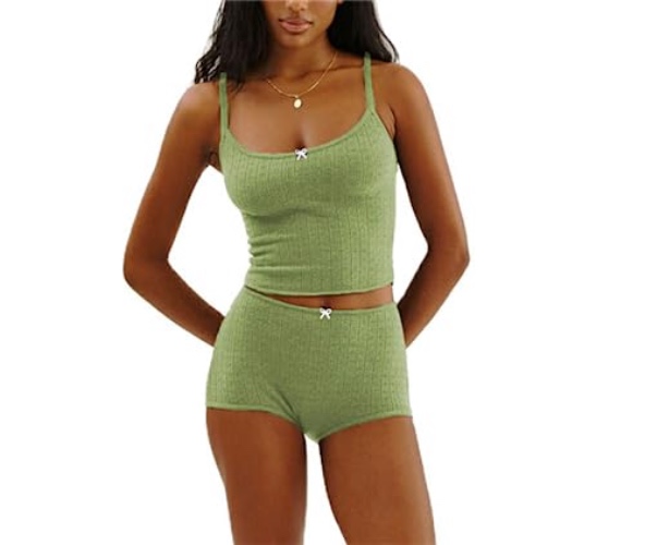 Yuemengxuan Women 2Pcs Knitted Outfits Set Sleeveless Solid Color Knitwear Crop Top Cami Top High Waist Skinny Shorts Set - Green #7m - Small