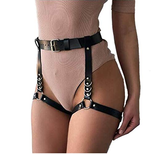 Women Leather Harness Adjustable Punk Caged Waist Belts Leg Garters Harness, Black, adjustable leather belts
