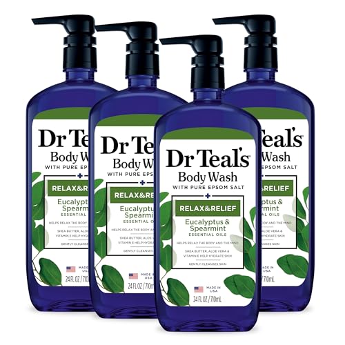 Dr Teal's Body Wash with Pure Epsom Salt, Relax & Relief with Eucalyptus & Spearmint, 24 fl oz (Pack of 4) (Packaging May Vary) - Eucalyptus/Spearmint - 24 Fl Oz (Pack of 4)