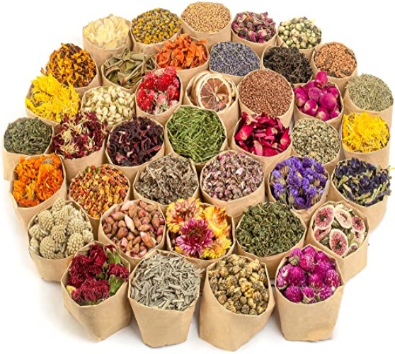 LAVEVE Dried Flowers, 40 Bags 100% Natural Dried Flowers Herbs Kit for Soap Making, DIY Candle, Bath, Resin Jewelry Making - Include Lavender, Don't Forget Me, Lily, Rose Petals, Jasmine and More - 40 Bags