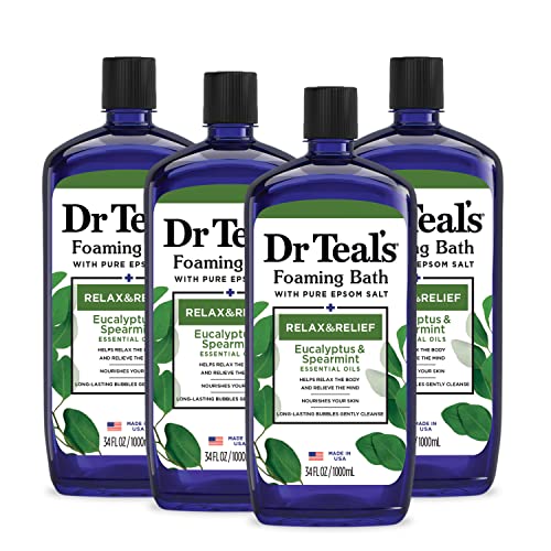 Dr Teal's Foaming Bath with Pure Epsom Salt, Relax & Relief with Eucalyptus & Spearmint, 34 fl oz (Pack of 4) (Packaging May Vary) - 34 Fl Oz (Pack of 4)