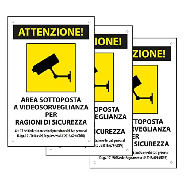 SPACE - 3 Cartelli area videosorvegliata per ragioni di sicurezza 20cm x 30cm in PVC - GDPR 2020 - Cartelli videosorveglianza per negozio e proprietà privata