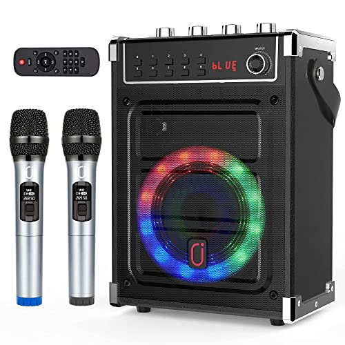 JYX Karaoke Machine with 2 UHF Wireless Microphones, Bluetooth Speaker with Bass/Treble Adjustment and LED Light, PA System Support TWS, AUX in, FM, REC, Supply for Party/Adults/Kids - Black - Black