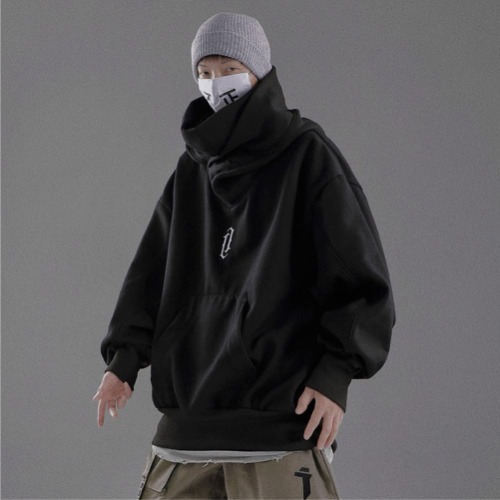 Hip Hop Street Style Turtle neck Embroidered Solid Hoodie