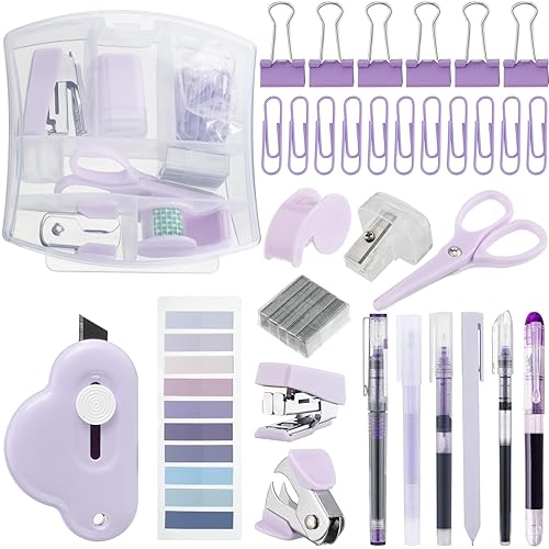 Colarr Mini Office Supply Kit Includes Stapler Tape Dispenser Staple Remover Paper Clips Scissor Staples Pen Sharpener Note Small Telescopic Knife for Office and School Clerk Student (Purple) - Purple