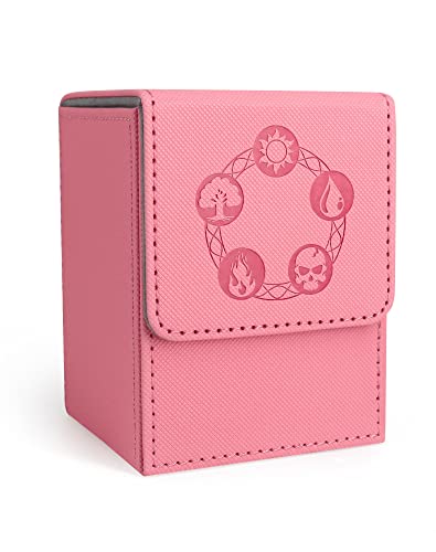 ZLCA Card Deck Box for Trading Cards with 2 Dividers, Card Storage Box Fits 100+ Single Sleeved Cards, PU Leather Strong Magnet Card Deck Case Holder for Magic Commander TCG CCG(Pink) - Pink