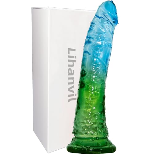 Realistic Dildo Clear Silicone 8.66" Dildo with Strong Suction Cup for Women Hand Free Play (Blue-Green) - Blue-Green