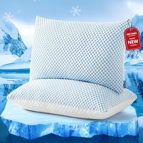 KELTARO Cooling Bed Pillows for Sleeping Standard Size Set of 2 Pack,Shredded Memory Foam Adjustable Pillow for Side Back and Stomach Sleepers with Washable Removable Cover - Blue - Standard(Pack of 2)