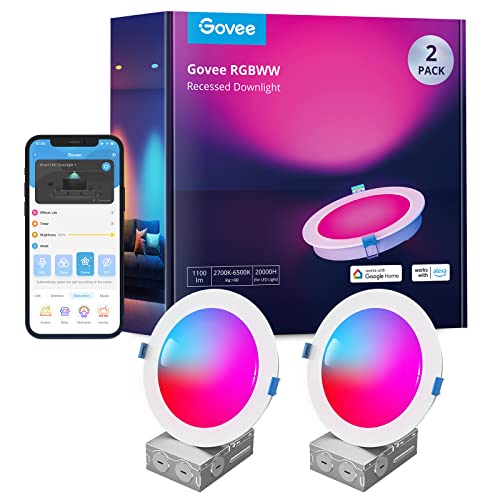 Govee Smart Recessed Lighting 6 Inch, Wi-Fi Bluetooth Direct Connect RGBWW LED Downlight, 65 Scene Mode, Work with Alexa & Google Assistant, LED Recessed Lighting with Junction Box, 1100 Lumen, 2 Pack - 6 Inch