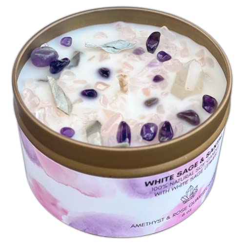 White Sage Smudge Candle with Rose Quartz and Amethyst Gemstone Crystals 100% Natural Soy Essential Oils (Lavender) - Lavender