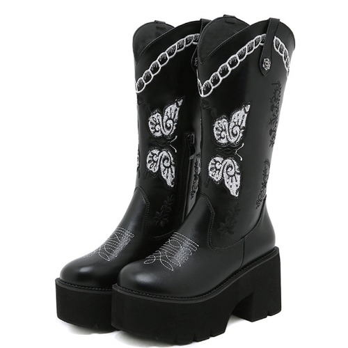 Thick Heel Embroidery Western Mid-Calf Boots | Black / US7