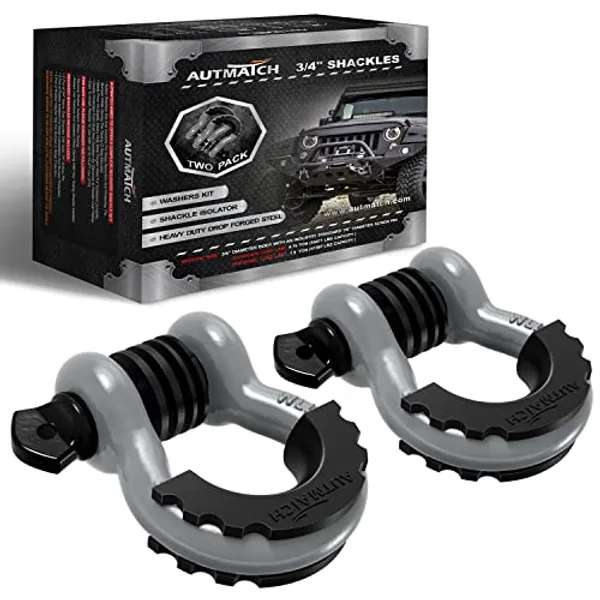 AUTMATCH D Ring Shackle 3/4" Shackles (2 Pack) 41,887Ibs Break Strength with 7/8" Screw Pin and Shackle Isolator Washers Kit for Tow Strap Winch Off Road Vehicle Recovery Gray & Black
