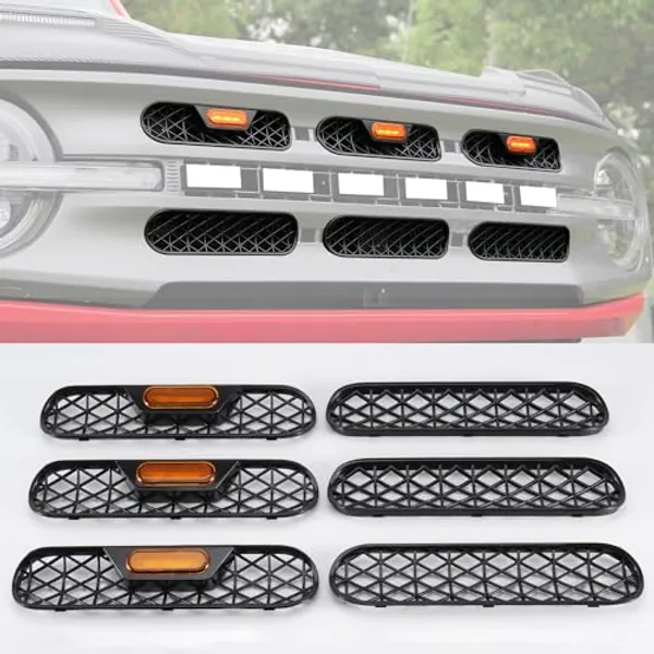 Front Grill Inserts with Amber Light for 2021 2022 2023 2024 Ford Bronco Big Bend Outer Banks 2/4 Door Front Mesh Grille Inserts Grills Frame Trim Covers