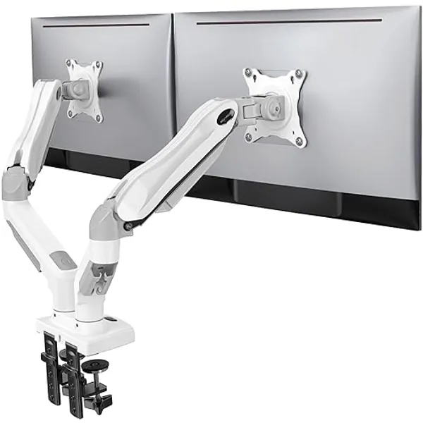 HUANUO Dual Monitor Stand - Full Adjustable Monitor Desk Mount Swivel Vesa Bracket with C Clamp, Grommet Mounting Base for 13 to 30 Inch Computer Screens - Each Arm Holds 4.4 to 19.8lbs - Whtie