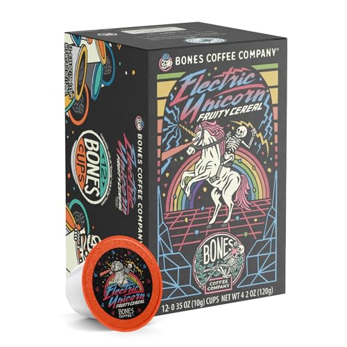Bones Coffee Company Flavored Coffee Bones Cups Electric Unicorn Fruity Cereal Flavor | 12 ct Single-Serve Coffee Pods Compatible With 1.0 & 2.0 Keurig Coffee Maker - Fruity Cereal